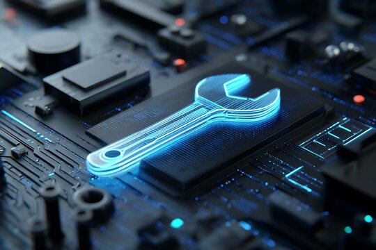 Glowing Wrench on Circuit Board Represents Technical Support Service