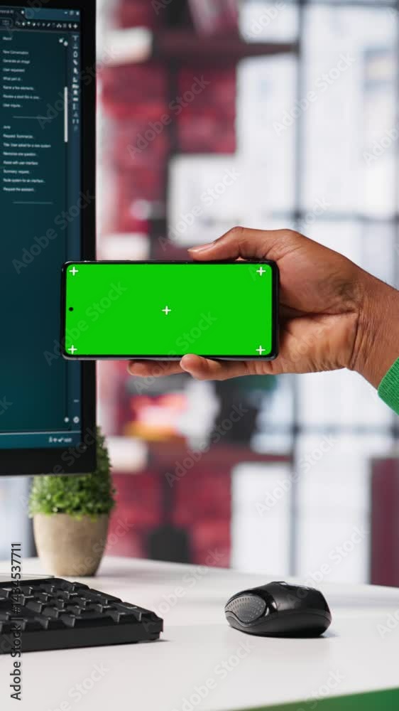Poster vertical video young man using ai chatbot to generate real time responses next to mockup display, po