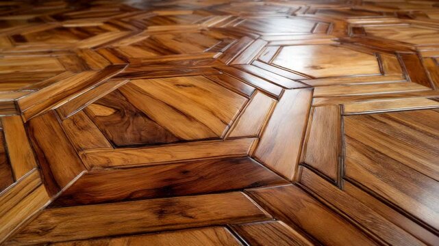Intricate parquet wood floor with geometric pattern, glossy finish, and visible wood grain detail in a close-up perspective.