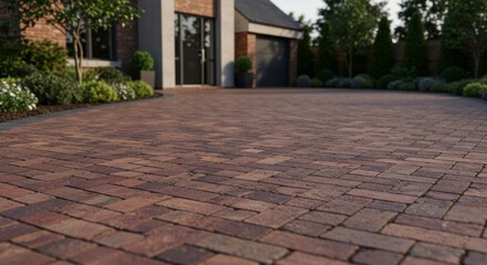 Elegant Brick Driveway Paving - Stunning red brick driveway paving, enhancing curb appeal. Perfect for modern homes. High-resolution
