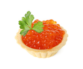 Tartlet with red caviar and parsley isolated on white