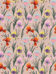 Floral seamless pattern with multicolored irises.