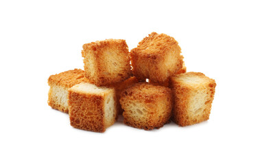 Pile of tasty crispy croutons isolated on white