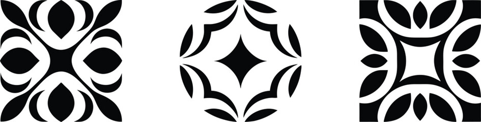 Three Abstract Black and White Geometric Floral Designs