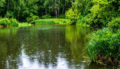 Fototapeta premium 雨に濡れた池の静かな風景