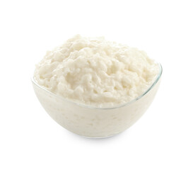 Delicious rice pudding in bowl isolated on white