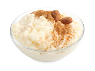 Delicious rice pudding with cinnamon and almonds in glass bowl isolated on white