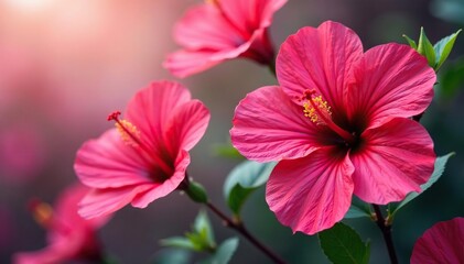 Fototapeta premium Intricate hibiscus blossoms, vibrant pink & red hues, red, bright
