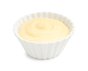 Tasty vanilla pudding in bowl isolated on white