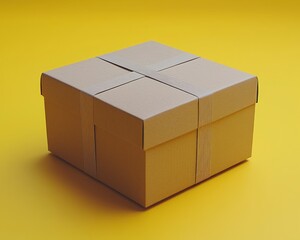 Obraz premium Brown cardboard box with tape on a vibrant yellow background, ideal for packaging