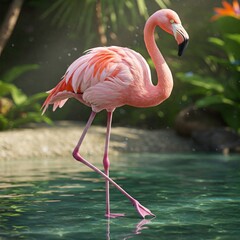 um flamingo passeando no lago