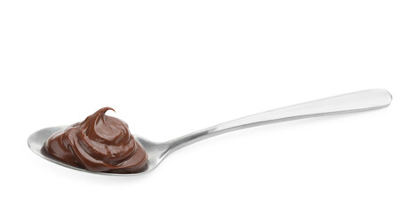 Tasty chocolate pudding in spoon isolated on white