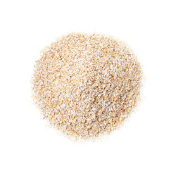 Superfood product. Pile of oat powder isolated on white, top view