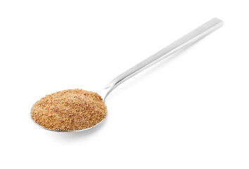 Superfood product. Flaxseed powder in spoon isolated on white