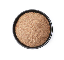 Superfood product. Flaxseed powder in bowl isolated on white, top view