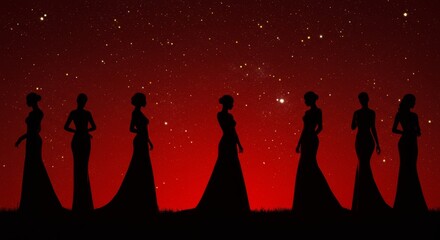Elegant Silhouettes Under a Starry Sky - Eight women in elegant gowns stand silhouetted against a dramatic red night sky filled with stars