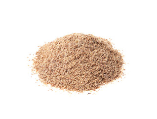 Superfood product. Pile of flaxseed powder isolated on white