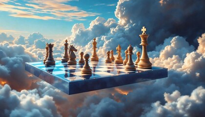Chessboard in the Sky: An ethereal chess game unfolds amidst a sea of clouds, the pieces poised in a strategic dance. capturing the drama and timeless appeal of chess in a surreal sky environment.
