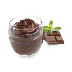 Delicious pudding in glass, chocolate and mint isolated on white