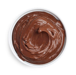 Tasty chocolate pudding in bowl isolated on white, top view