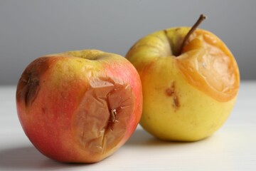 Rotten apples on white wooden table against grey background, closeup