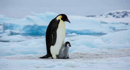 Obraz premium Emperor Penguin Parent and Chick on Antarctic Ice - A heartwarming symbolizing parental love, protection, resilience, wildlife, and the Antarctic wilderness