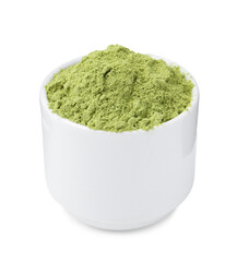 Superfood. Wheat grass powder in bowl isolated on white