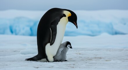 Obraz premium Emperor Penguin Protecting Chick - An adult emperor penguin shelters its small chick in a snowy Antarctic landscape. A heartwarming wildlife scene