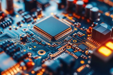 Obraz premium Close-up of a circuit board showcasing intricate electronic components and circuitry.