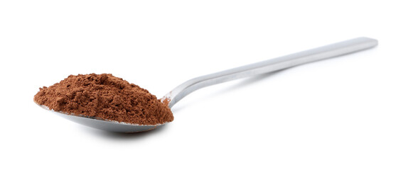 Superfood. Cacao powder in spoon isolated on white