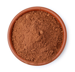 Superfood. Cacao powder in bowl isolated on white, top view