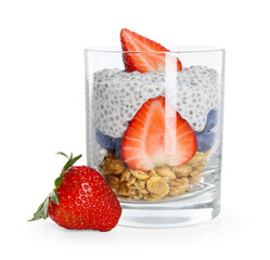 Delicious dessert with chia seeds, yogurt, granola, strawberries and berries in glass isolated on...