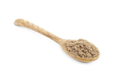 Superfood. Chia seeds powder in spoon isolated on white