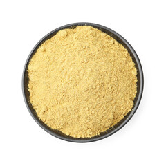 Superfood. Mustard powder in bowl isolated on white, top view