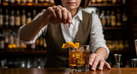 Expert Bartender Crafting Cocktail - A skilled bartender meticulously prepares a classic cocktail, adding an orange twist. Ice cubes and amber liquid fill the glass