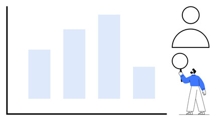 Bar chart with varying heights, an individual examining data, abstract user icons. Ideal for analytics, teamwork, market research, user data, strategy, business growth simple landing page