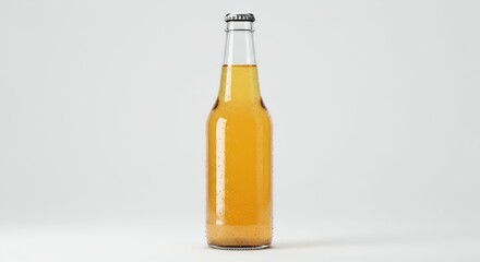 Clear Glass Bottle of Amber Ginger Ale Covered in Droplets on White Background Suitable for Ads and Promotion