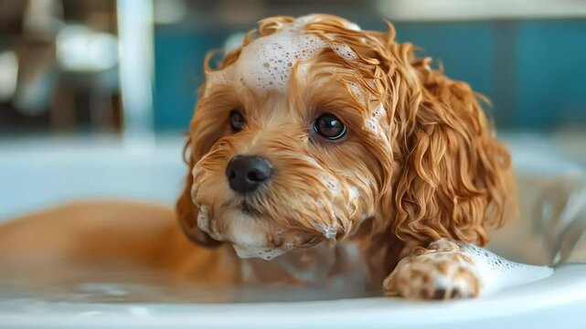 Cute Puppy Bath Time: Washing a Cavapoo Dog