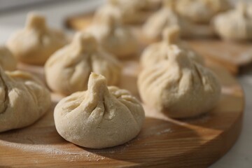 Many uncooked khinkali on countertop indoors, closeup