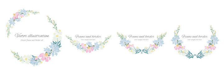 Botanical frame and  border, laurel set of spring flower and leaf. Pink and purple wild flowers vector illustration. round and circle