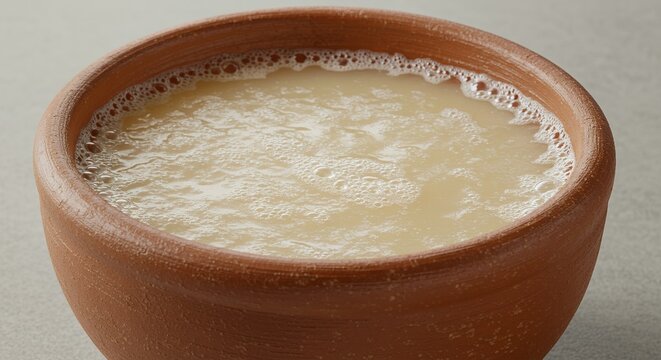 Close-up of Opaque Pulque Drink in Terracotta Bowl with Frothy Texture for Realistic Product Display and Advertising