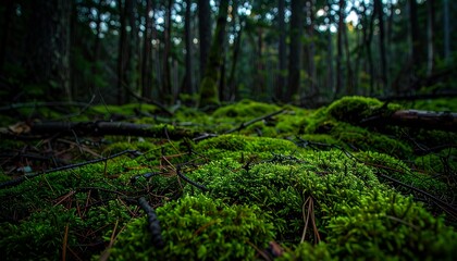 Fototapeta premium Dense forest floor rich in green moss and scattered fallen branches under twilight lighting