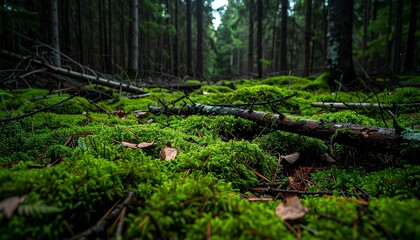 Obraz premium Dense forest floor rich in green moss and scattered fallen branches under twilight lighting
