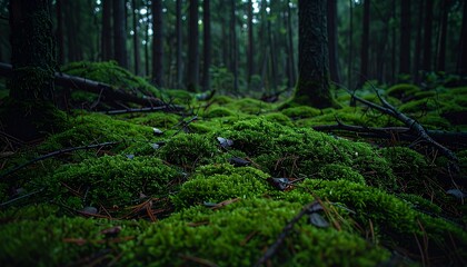 Obraz premium Dense forest floor rich in green moss and scattered fallen branches under twilight lighting
