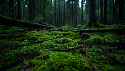 Fototapeta premium Dense forest floor rich in green moss and scattered fallen branches under twilight lighting