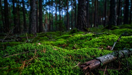 Fototapeta premium Dense forest floor rich in green moss and scattered fallen branches under twilight lighting