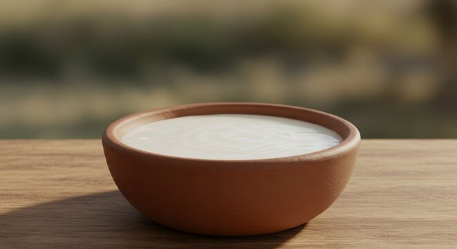 Creamy White Pulque Drink in Ceramic Bowl on Wooden Table with Blurred Green Background Product Display and Promotion Realistic Still Life
