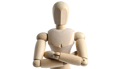 A wooden mannequin figurine with folded arms, striking a pose 