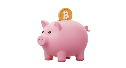 Isolated Pink Piggy Bank with Bitcoin for Savings