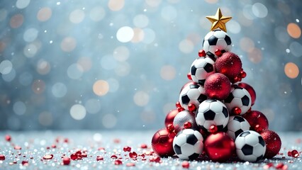 New Year tree made of soccer balls on a gray festive background